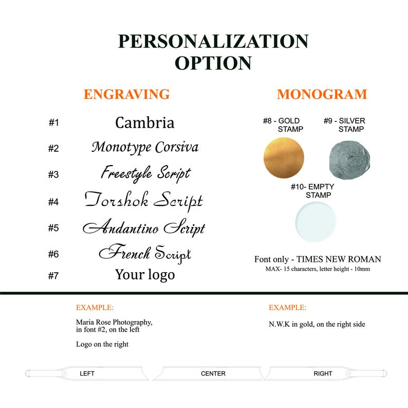 May include: Image detailing personalization options for engraving and monograms. Includes font styles like Cambria and Freestyle Script, and monogram options in gold and silver. Text examples show placement and font usage.