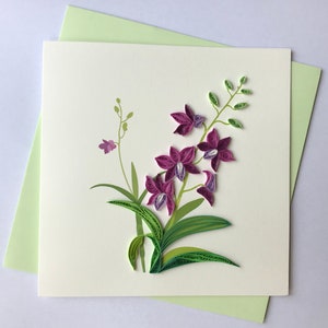 Tarjeta de felicitación de orquídea, tarjeta de felicitación hecha a mano, tarjetas hechas con filigrana, tarjetas hechas con filigrana, tarjeta de felicitación
