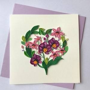 Orchideewenskaart, quilling-wenskaart, handgemaakte wenskaart, quillingkaarten, quillingkaarten, wenskaart