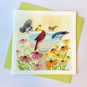 Cartão de banho de pássaros, cartão de felicitações Quilling, cartão de felicitações feito à mão, cartões quilling, cartões quilled, cartão de felicitações