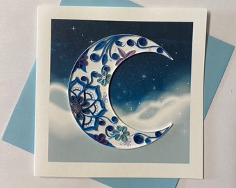 Carte de lune, carte de voeux quilling, carte de voeux faite à la main, cartes quilling, cartes quilled, carte de voeux