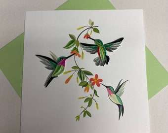 Hummingbird Trio Quilling Greeting Card, handmade greeting card, quilling cards, quilled cards, Quilling, Handmade Card