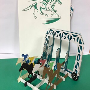 Courses hippiques, carte pop-up 3D, carte popup, carte popup 3D, papier pop-up, carte de voeux, carte d'anniversaire, carte popup en papier, carte de voeux