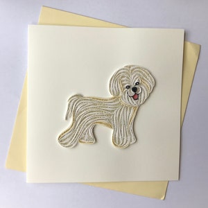 Cartão de cachorro Bichon, cartão de felicitações com quilling, cartão de felicitações feito à mão, cartões com quilling, cartões com quill, cartão de felicitações
