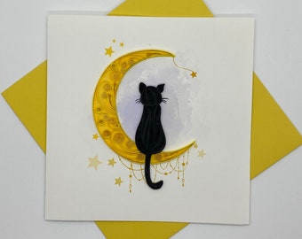 Carte de vœux Quilling Cat on Moon, carte de vœux faite à la main, cartes courtepointe, cartes matelassées, Quilling, carte faite à la main