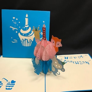 Cupcake con animales 3-D tarjeta emergente, 3-D Tarjeta emergente, Tarjeta de cumpleaños 3D, Tarjeta emergente, Tarjeta de felicitación, Tarjeta emergente 3D, Tarjeta de felicitación emergente 3D,