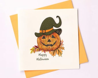 Cartão de Halloween, cartão de quilling, cartão de felicitações feito à mão, cartões de quilling, cartões de quilling, cartão de felicitações, cartão de Natal
