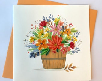 Carte de panier de fleurs, carte de vœux Quilling, carte de vœux faite à la main, cartes courtepointe, cartes matelassées, carte de vœux