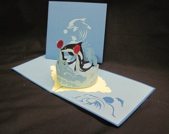 3-D Dolphins Pop-Up Card, 3-D Pop Up Card, 3D Birthday Card, Popup Card, Greeting Card, 3D Popup Card, 3D Popup Greeting Card, PoppinPaper