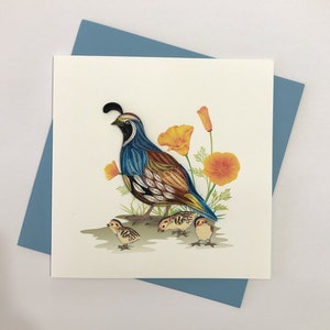 Tarjeta de felicitación de filigrana de codorniz de California, tarjeta de felicitación hecha a mano, tarjetas de filigrana, filigrana, tarjeta hecha a mano