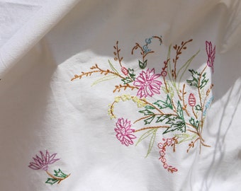 May include: White tablecloth with embroidered floral designs in pink, green, and yellow. The tablecloth is folded and draped over a grassy surface.
