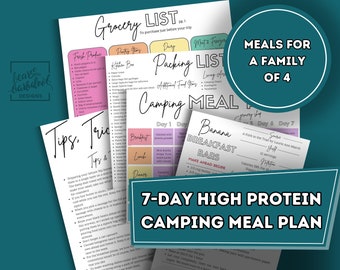 Printable 7-Day High Protein Camping Meal Plan for 4 | Grocery List | Packing List | Tips & Tricks | Recipe Cards | Tent Camp Meal Planner |