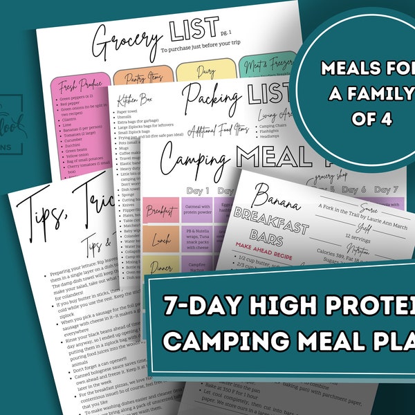 Printable 7-Day High Protein Camping Meal Plan for 4 | Grocery List | Packing List | Tips & Tricks | Recipe Cards | Tent Camp Meal Planner |