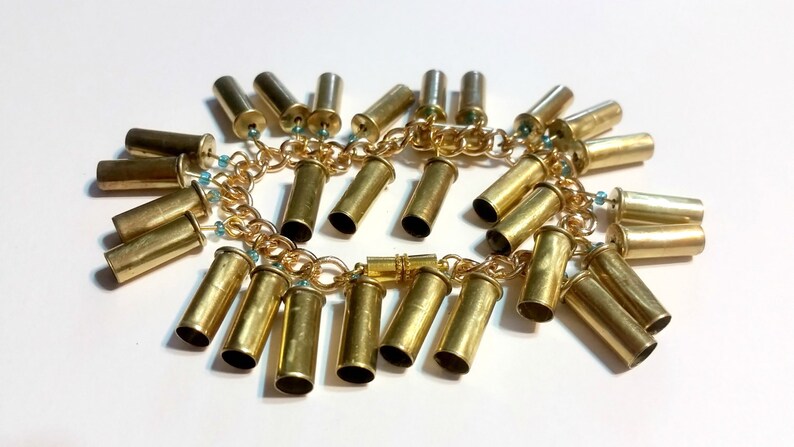 Gold Filled Steel Charm Bracelet with 22 Caliber Bullets Bullet Bracelet
