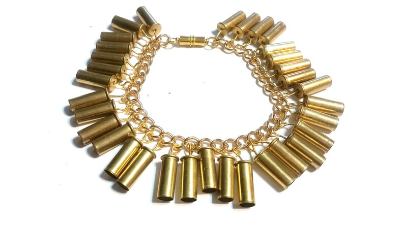 Gold Filled Steel Charm Bracelet with 22 Caliber Bullets Bullet Bracelet
