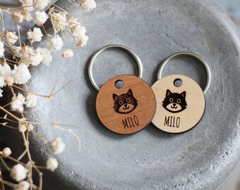 Personalized Wooden Cat ID Tag / Cat Face Pet Tag / Cat Name Tag / Engraved Pet Tag / Cat ID Tag / Lightweight Tag / Silent Tag