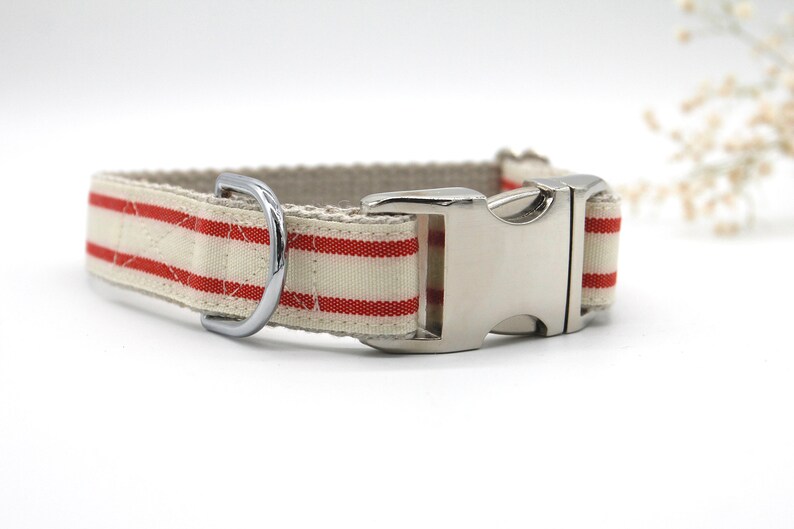 Striped Dog Collar Red and White, Handmade Dog Collar, Pet Collar, Hemp Dog Collar, Cotton Dog Collar, Vegan image 3