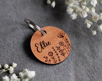 Flowers Wooden Pet Tag / Floral Dog Tag / Engraved Pet Tag / Cat Dog ID Tag / Personalized