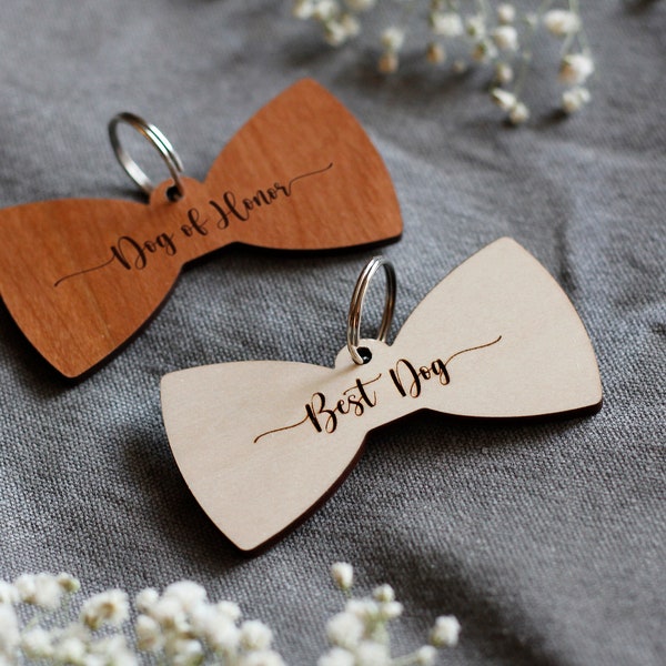 Wooden Bow Tie Pet Tag / Dog Tag / Engraved Pet Tag / Best Dog / Dog of Honor / Dog ID Tag
