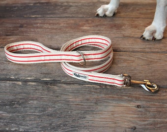 Flat Hemp Dog Leash with layered red striped cotton ribbon -Dog Lead, Strong Dog Leash, Handmade Dog Leash, Pet Leash