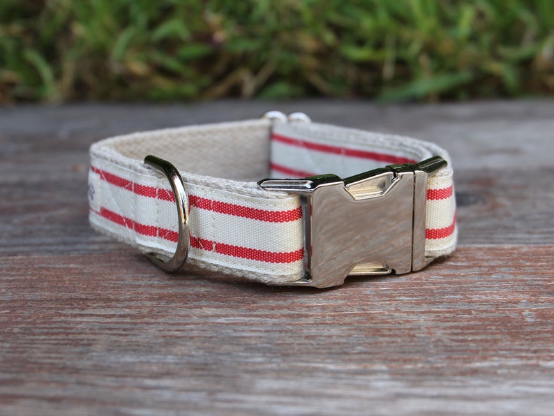 Striped Dog Collar Red and White, Handmade Dog Collar, Pet Collar, Hemp Dog Collar, Cotton Dog Collar, Vegan image 4