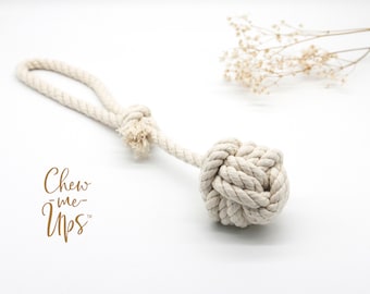 Chew-Me-Ups Natural Cotton Rope Dog Toy, Monkey Fist Knot Ball with handle, Eco Dog Toy