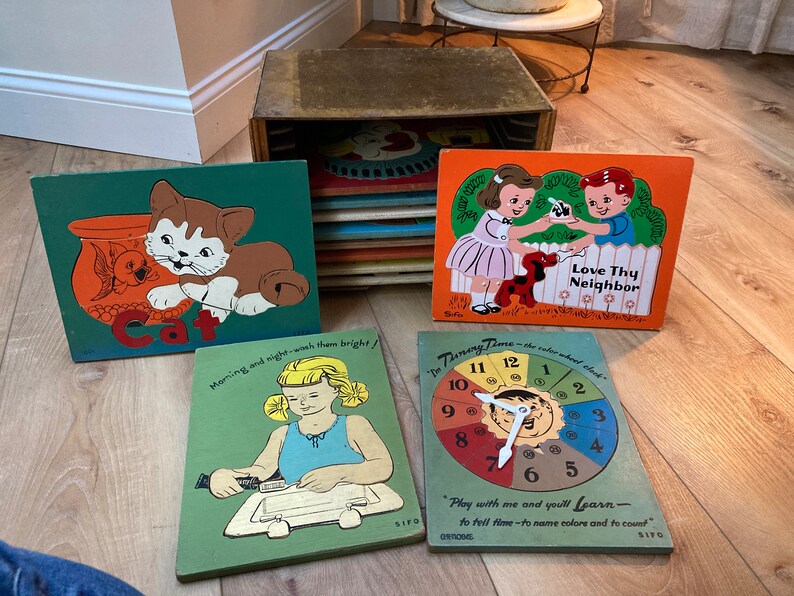 Vintage Set of Twelve Sifo Wooden Puzzles With Sifo Wooden Puzzle Rack