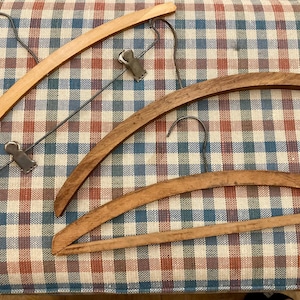 Vintage Set of Three Curved Wooden Clothing Hangers, Curved Wooden Hangers with Clamps