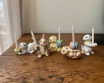 Vintage Ceramic Dog Birthday Cake Topper Candle Holders, Princess House Puppy Candle Holders