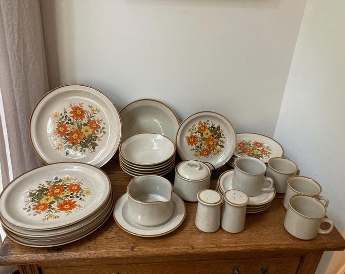Vintage Alpine Mountain Stoneware in Brook Garden, 1970’s Orange Floral Dinnerware