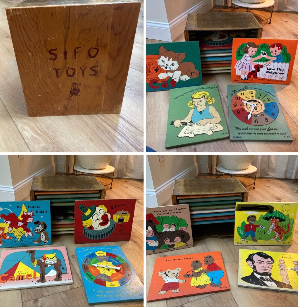 Vintage Set of Twelve Sifo Wooden Puzzles With Sifo Wooden Puzzle Rack