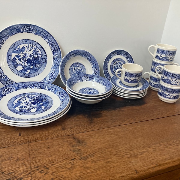 Vintage Blue Willow China 10” plates, Vintage Blue Willow Teacups and Saucers, Bowls