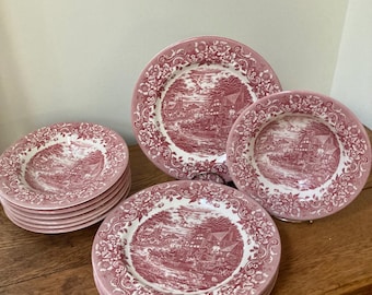Vintage Staffordshire Engraving, 17th Century Red Dinner Plates and Rimmed Soup Bowls