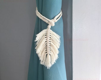 Macrame Feather Curtain Tiebacks, Nautical Curtain Tie Backs, Boho Style Curtain Holders, Feather Tassel Tiebacks, Nursery Curtain Decor,