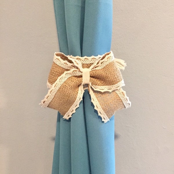 Rustic Lace Burlap Bow Tiebacks, Nautical Tie-backs, Rustic Nursery Tiebacks, Wedding Decors, Drape Hold Backs, Rustic Shower Curtains