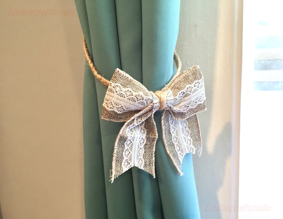 Rustic Burlap Bow Curtain Tie Backs Nautical Curtain Holders Etsy