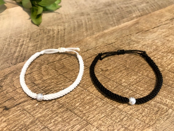 Anniversary Silver Bead Macrame Bracelet black and White His Her