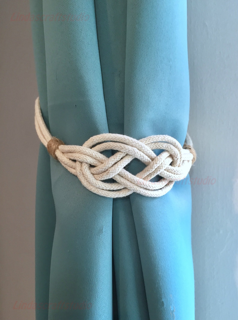 Nautical Carrick Knot Curtain Tiebacks, Rustic Knot Draperies, Cotton Rope Curtain Holders, Classic Minimalist Curtain Holdbacks image 3