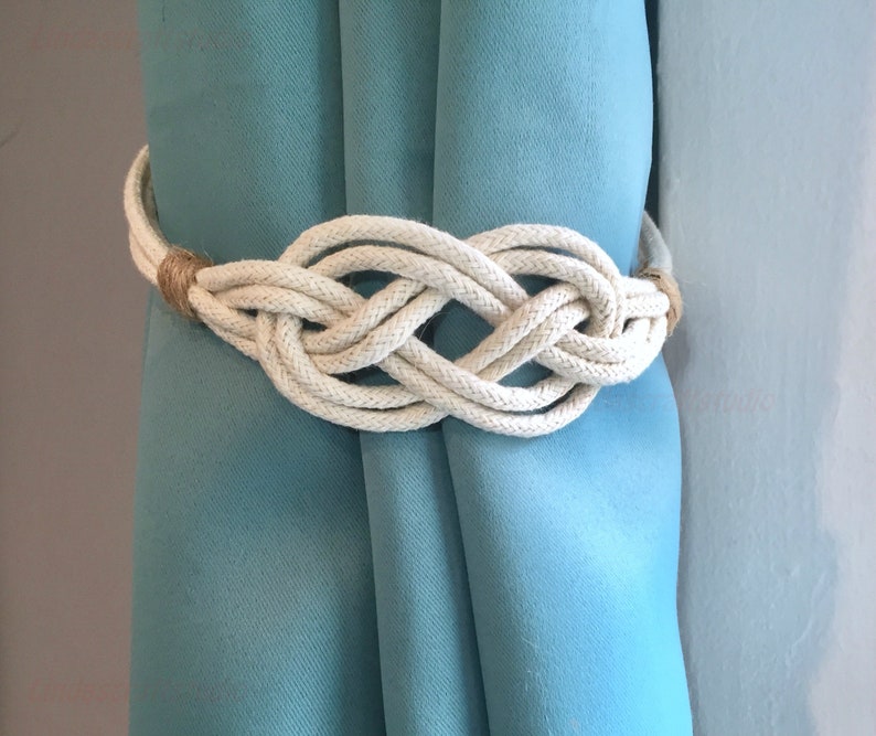 Nautical Carrick Knot Curtain Tiebacks, Rustic Knot Draperies, Cotton Rope Curtain Holders, Classic Minimalist Curtain Holdbacks image 2