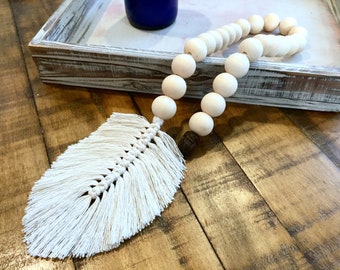 Wood Beads And Feather Tassel Garland, Macrame Feather Decor, Farmhouse Decor, Tiered Tray Decor, Wood Garland,