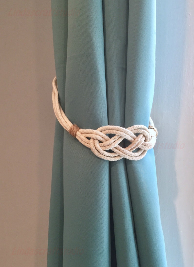 Nautical Carrick Knot Curtain Tiebacks, Rustic Knot Draperies, Cotton Rope Curtain Holders, Classic Minimalist Curtain Holdbacks image 1