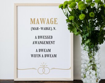 The Princess Bride "Mawage" Definition Poster Printable Art, Wedding Anniversary Couples Love Gift, Funny Movie Quotes, Inspirational Art
