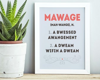The Princess Bride "Mawage" Definition Poster Printable Art, Wedding Anniversary Couples Love Gift, Funny Quotes, Inspirational Art, Happy