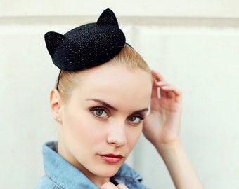 Black Cat Mini Hat - Handmade Item - Fascinator Hats