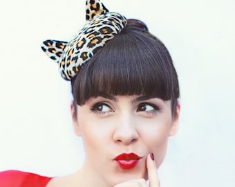 Leopard Print Cat Mini Hat - Handmade Item - Fascinator Hats