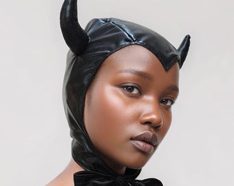 Black Devil Horns Wet Look Bonnet - Masquerade Festival Carnival Halloween Outfit Private Party