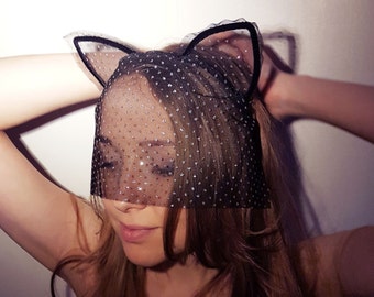 Black Lace Cat Ears Headband with Veil - Handmade Item - Festival Accessory