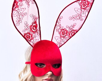 Red Velvet Rabbit Mask with Lace Ears - Masquerade Festival Carnival Halloween Outfit Private Party
