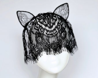 Black Lace Cat Ears Headband with Veil - Handmade Item - Festival Accessory