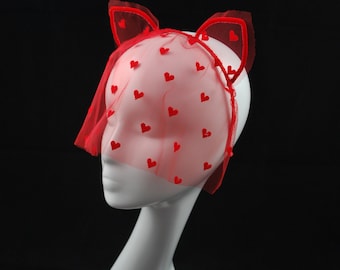Red Lace Cat Ears Headband with Veil - Masquerade Festival Carnival Halloween Outfit Private Party